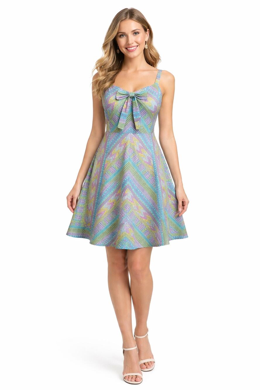 ModCloth 2010s Fit & Flare Cotton Spring Dress Bow Detail Geometric Print Medium